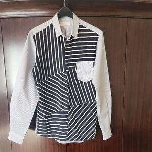 TOMORROWLAND Navy and White Geometric Striped Shirt